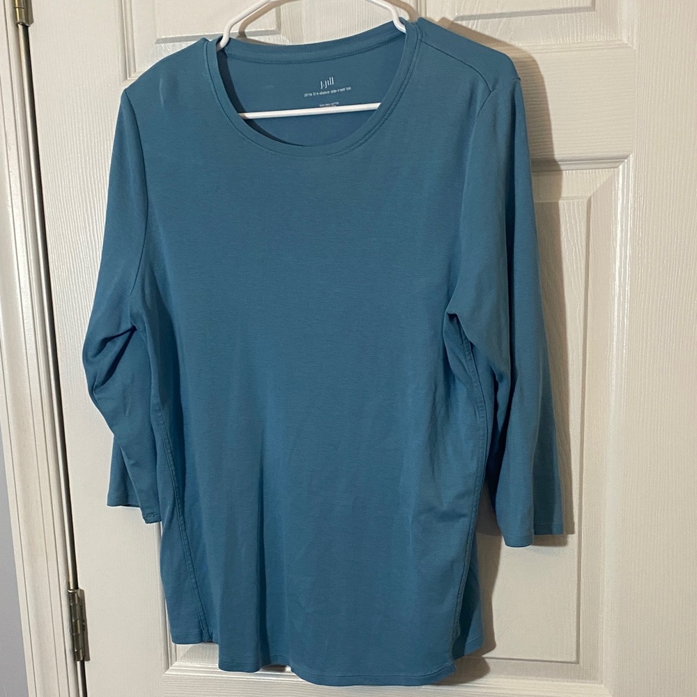 100% Pima cotton L J.Jill  top Teal Blue Crewneck Long Sleeve Tee